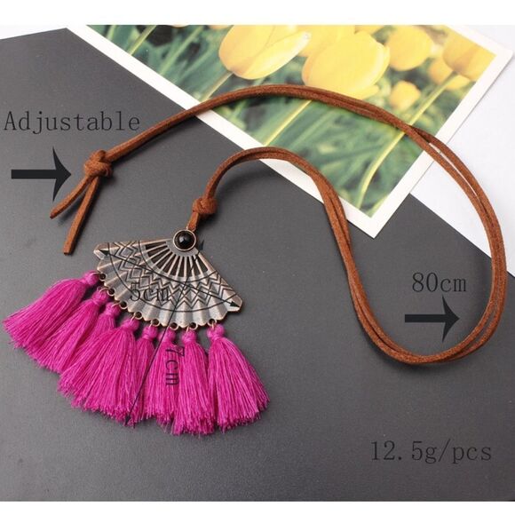 Fun Long Pink Tassel Necklace w/ Brown Cord - Picture 2 of 7